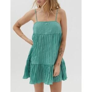 Urban Outfitters Lucia Plisse Tiered Mini Dress Green Medium